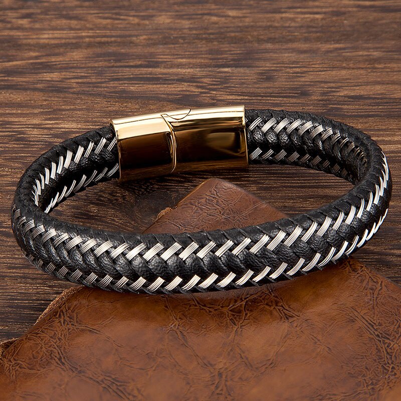 Men Jewelry Stainless Steel Braided Leather Rope Bracelet Punk Accessories Black Magnetic Clasp Bangles: Gold / 23cm