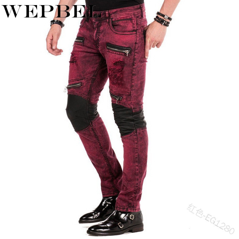 Wepbel punk vintage miehet laihat denim housut useat vetoketjulliset taskut tilkkutäkki rock roll farkut revitty letku denim pitkät housut
