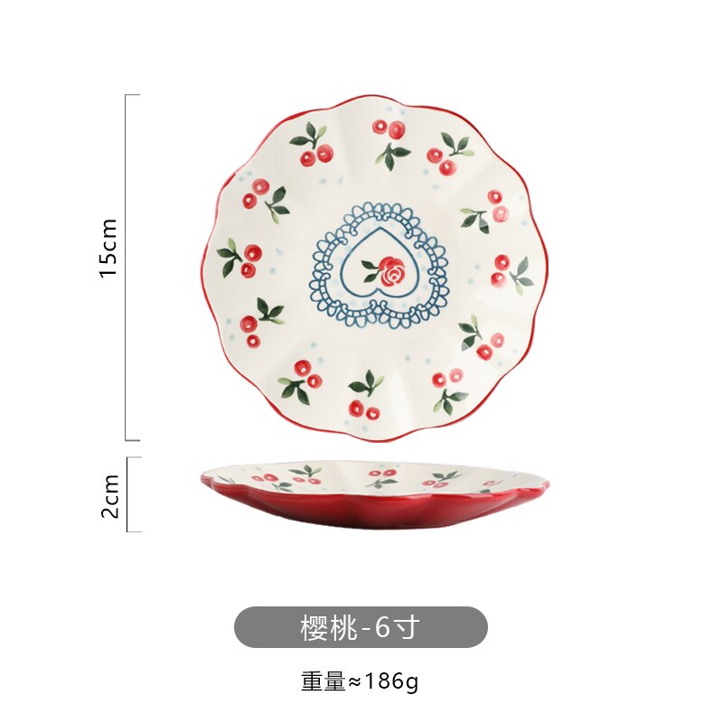 Hand-painted Cherry Ceramic Plate Household Tableware 10 Inch Plate Steak Plate Cute Fruit Plate Small Plate Tableware: 1pcs-6 inch