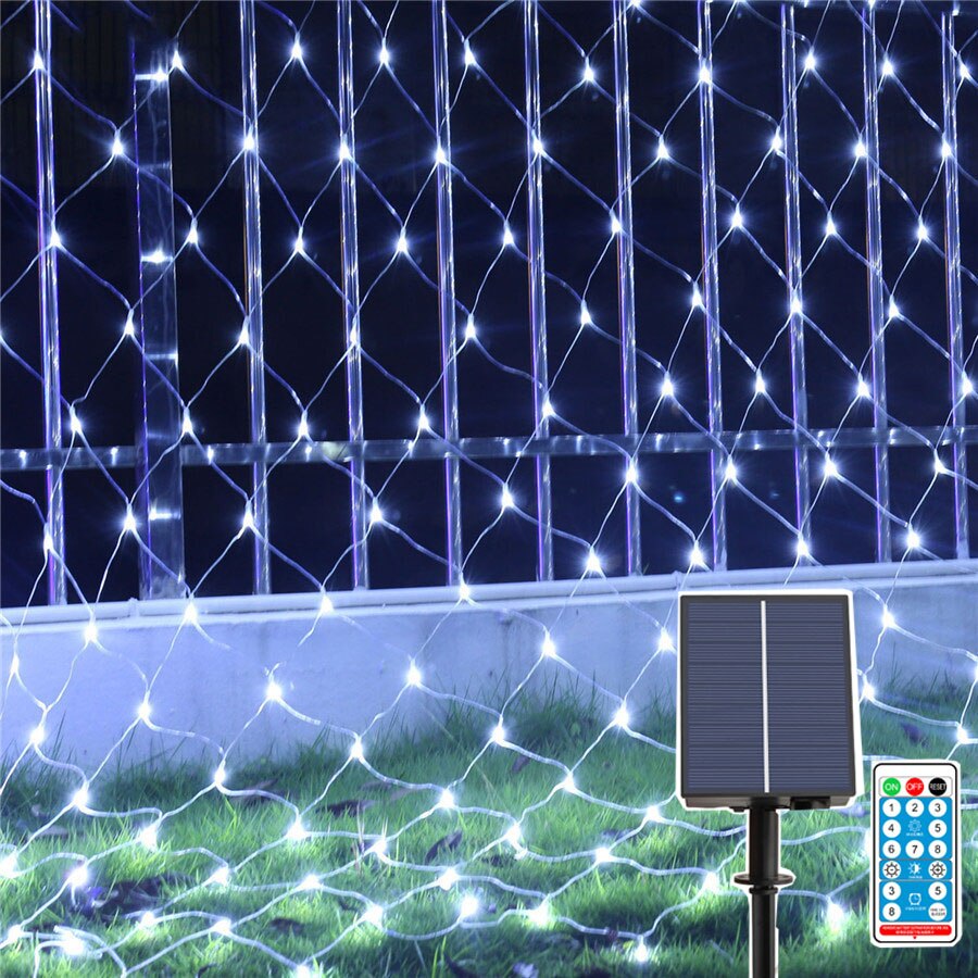 96/200/600Led Solar Net String Lights Solar Christmas Mesh Licht Met Afstandsbediening Outdoor Twinkle Fairy Guirlande Voor tuin Gazon Hek: White / 1.5X1.5M 96LEDS