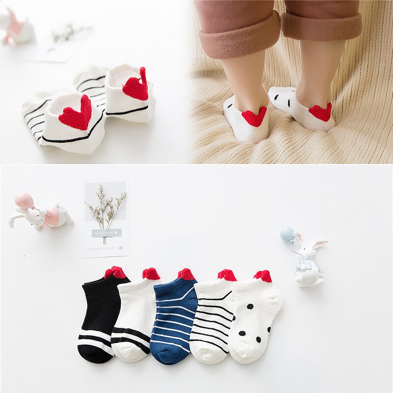 Korte Baby Sokken Wit Kawaii Liefde Hart Lente Kids Sok Jongens Sport Strips Schoeisel 5 Pairs