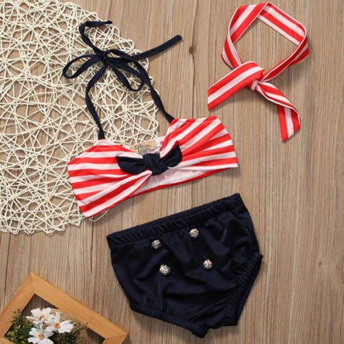 Crianças quentes bebê menina listrado bikini 2 pçs conjunto + bandana listrado halter maiô bonito doce beachwear maiô novo 0-4y