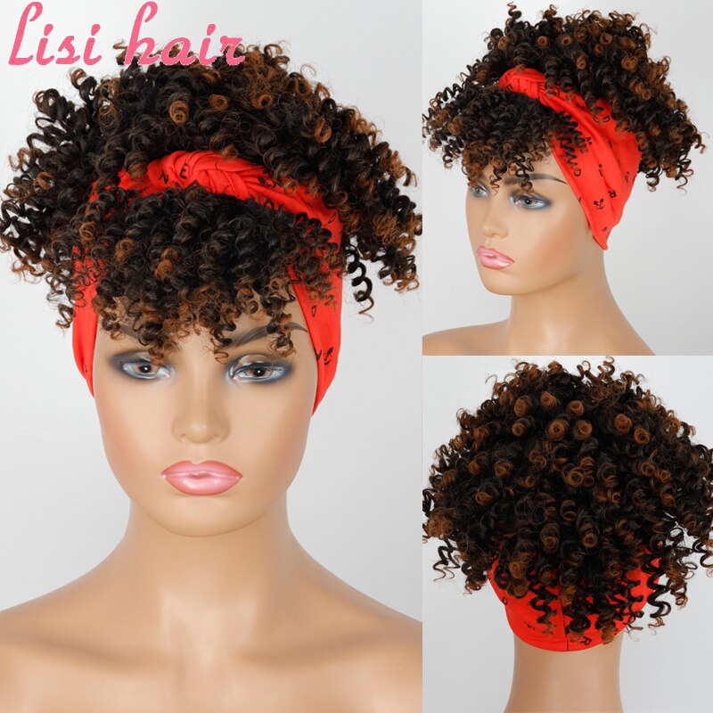 Pelo Afro Puff turbante sintético de LISI peluca corta rizada con cordón para la cabeza-peluca Updo Head-Wrap peluca para afroamericano: 1B/30HL