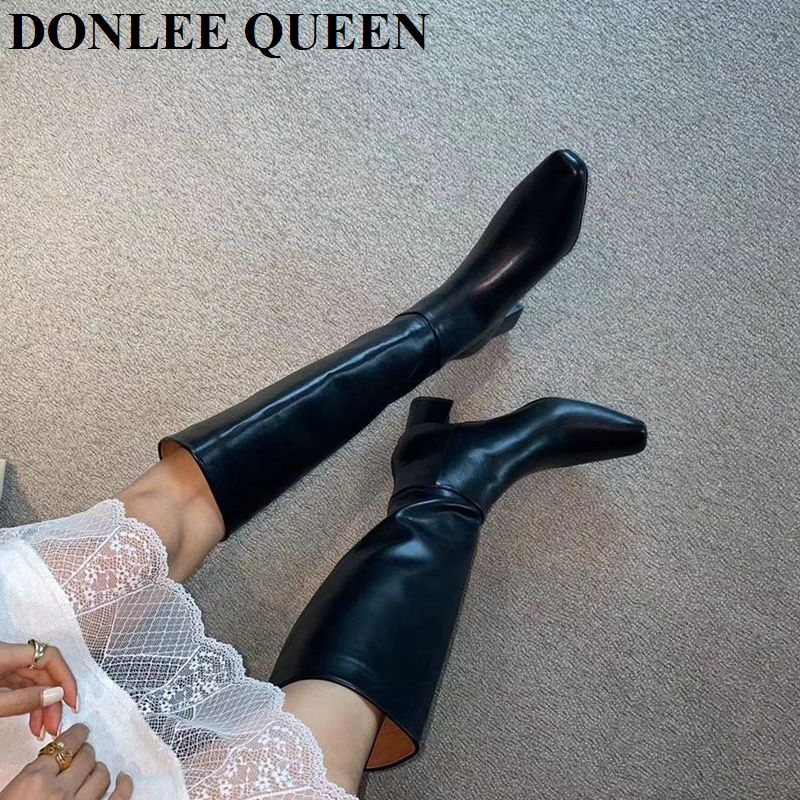 Vinter knehøye støvler kvinner med hæl lange støvler glidelås firkantet tå sko kvinner casual chelsea støvler for kvinner merke sko