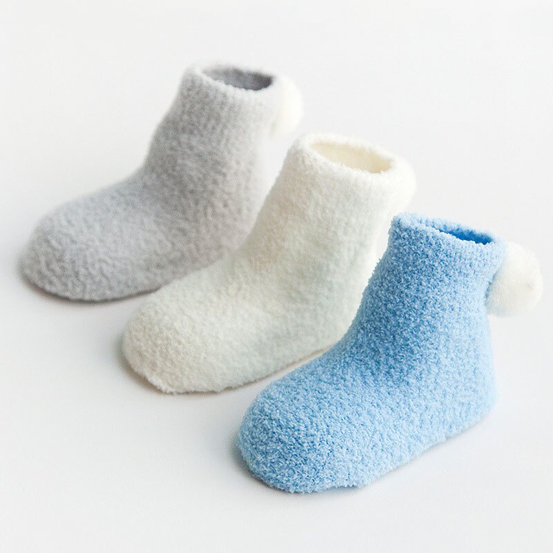 3 paire/lot hiver -né bébé chaussettes corail polaire bébé garçon fille chaussettes avec pompon couleur unie infantile chaussettes