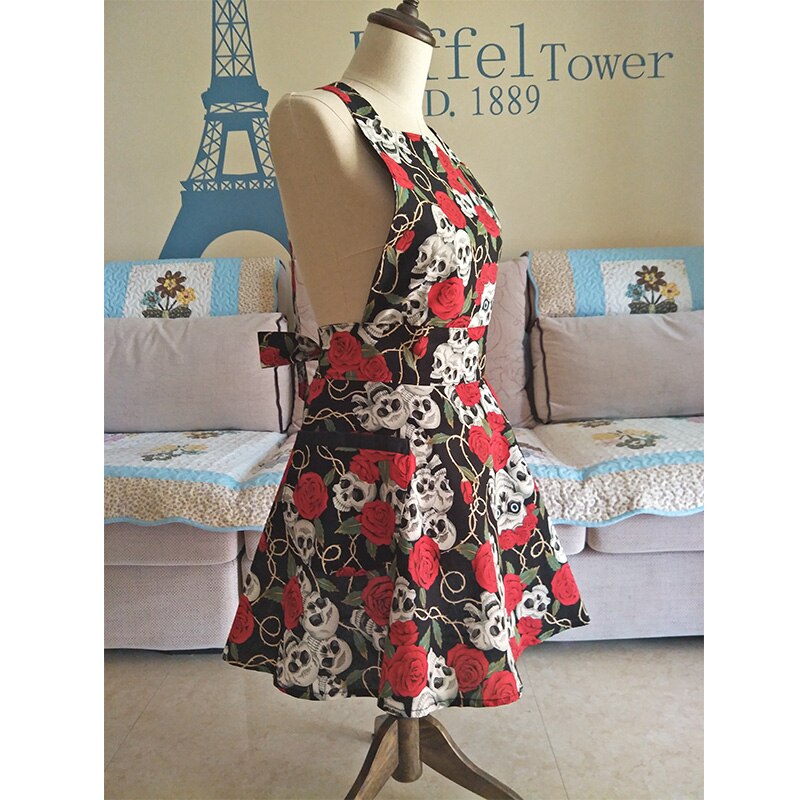 Tablier de cuisine rétro en coton pour femme, motif crâne noir, Rose, robe Vintage
