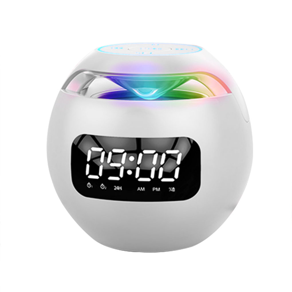 Digital Alarm Clock Bluetooth-compatible 5.0 Speaker Music Player Wireless Ball Shape Clock Speaker with FM function: white
