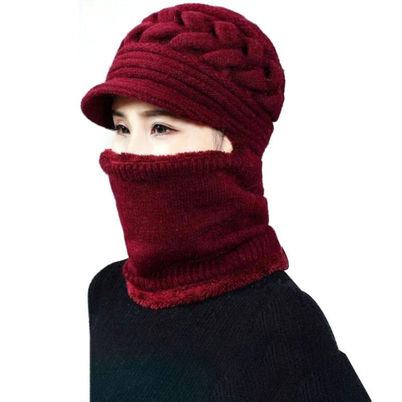 Women Bib Beanie Hat Pom Bobble Scarf Mask Ear Set Knitted Winter Warm Snow Ski Cap Thicken Plus Velvet Warm Scarf Knitted Hat: 04