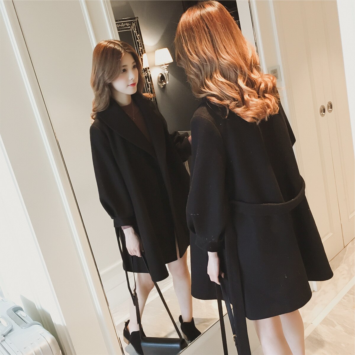 Abrigo de mezcla de lana de invierno para mujer, chaqueta de estilo largo para niñas, abrigos gruesos cálidos para damas, chaquetas de lana de punto abierto para mujer