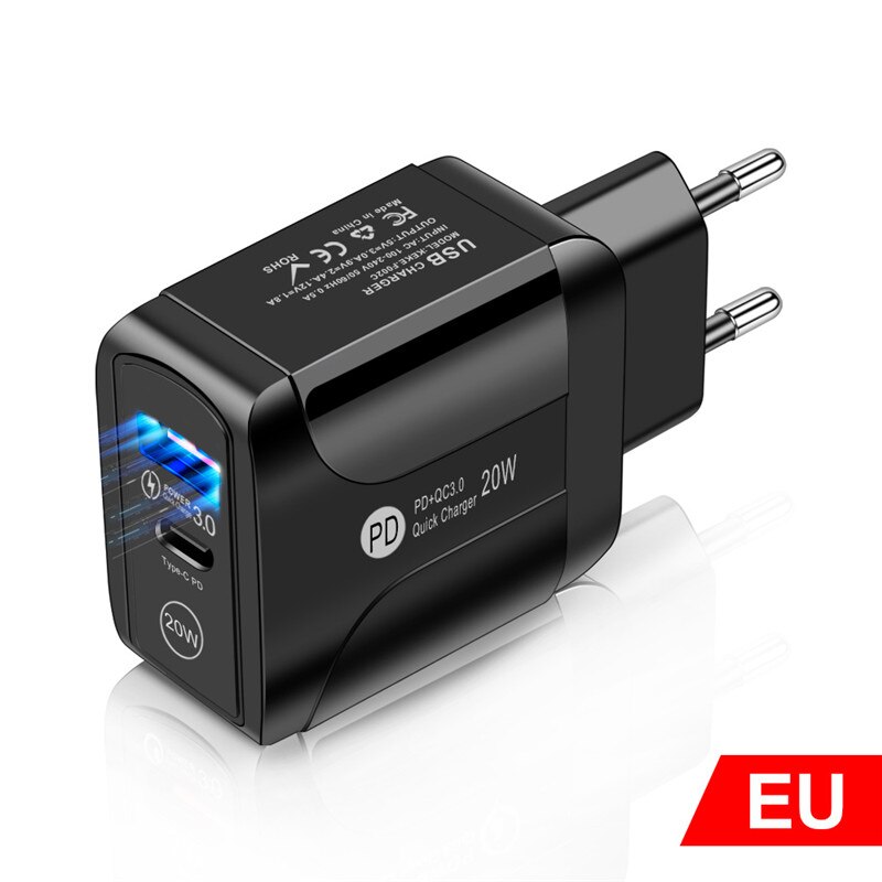 Uslion Eu Plug 20W QC3.0 Fast Charger Usb Opladen Pd Usb Snellader Adapter Voor Iphone 12 Samsung Xiaomi smart Telefoon Oplader: EU Black