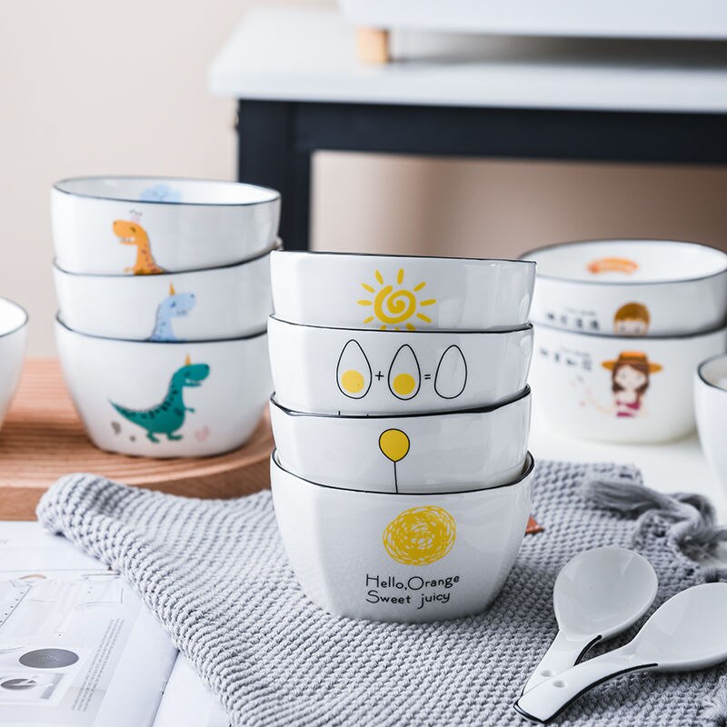 Huishouden Kom Set Keramische Servies Combinatie Leuke Cartoon Japanse Kom Creatieve Eten Rijstkom Soepkom Met Lepel