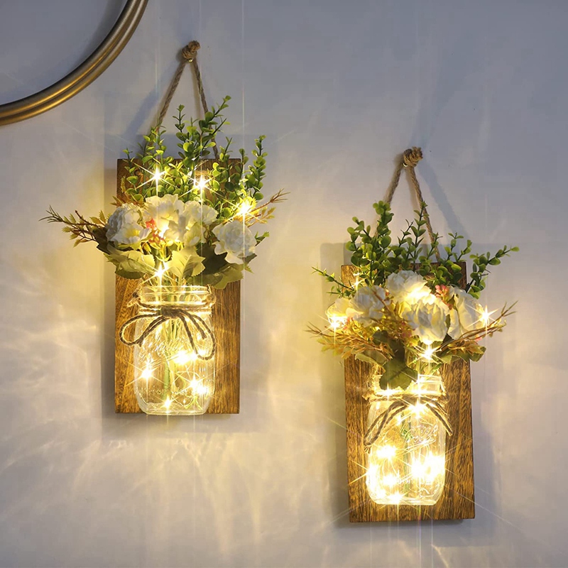 Rustic Mason Jar Sconces for Home Decor, Mason Jar Sconces Set of 2 Hanging Mason Jar Sconces with LED Fairy Lights