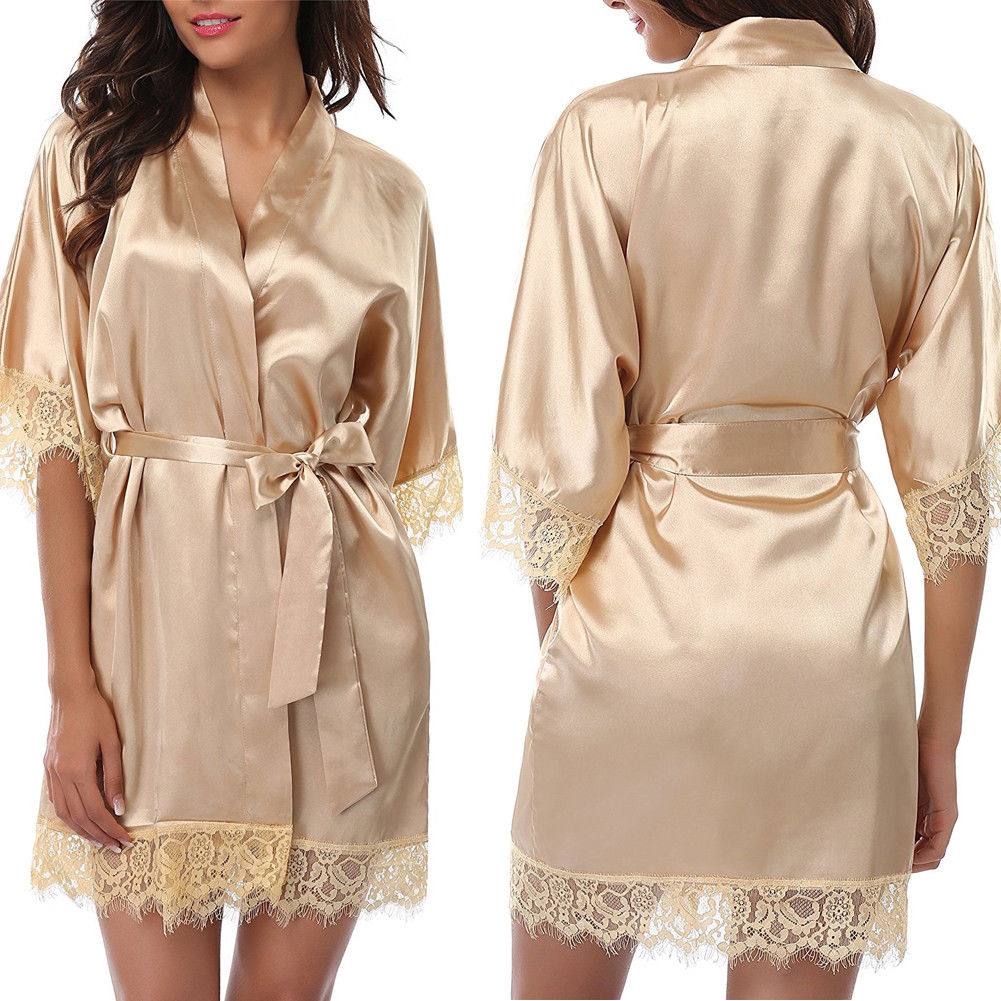 Women Summer Silk Satin Half Sleeve Lace Bandage V-Neck Sleepwear