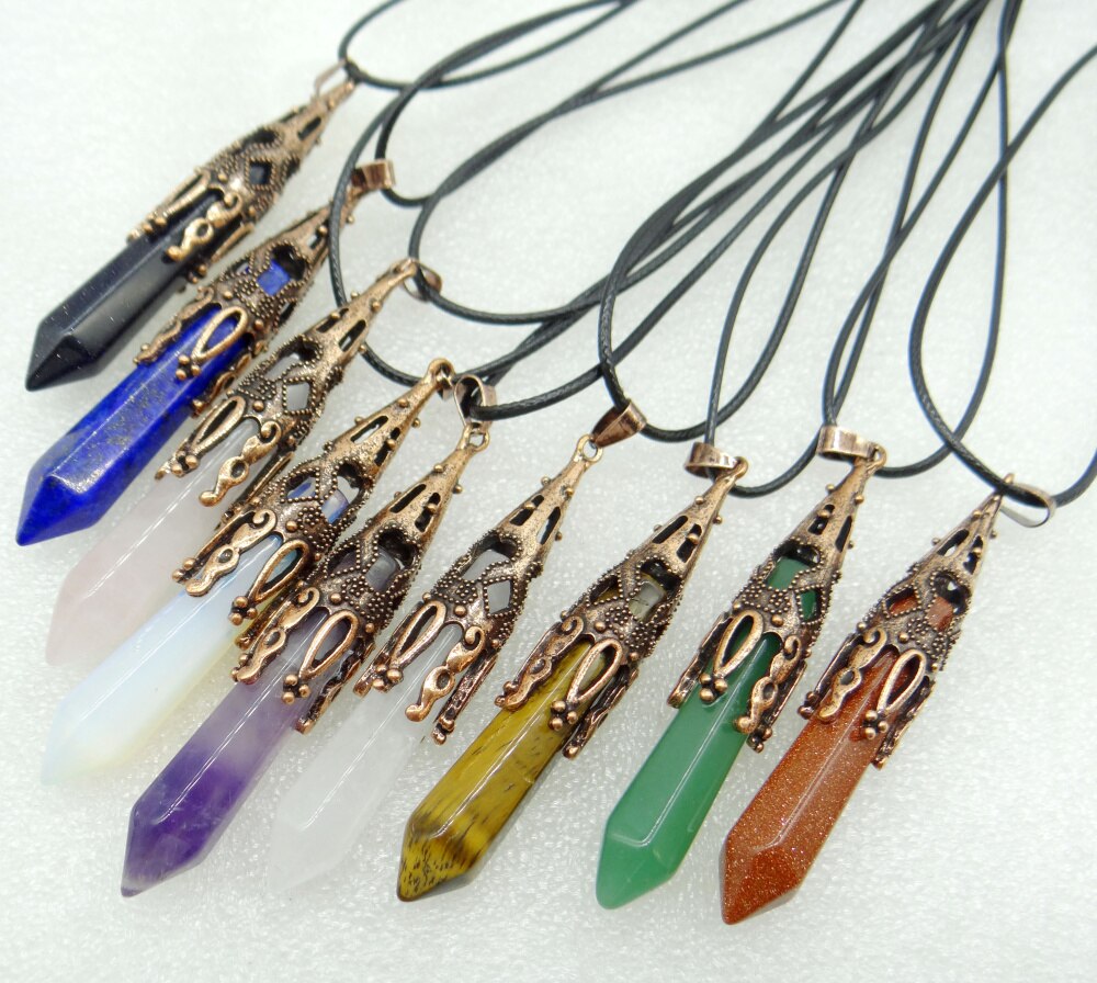 Natural Stone Crystal Quartz lapis tiger eye Bronze alloy Pendulum Hexagon Suspension pendant Jewelry Making Necklace 1pc