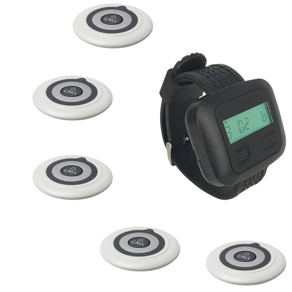 JINGLE BELLS Wireless Calling System Cafe, Hotel, Office 3 Call Button+1 Watch Pager Receiver Call Restaurant Pager System 433MH: white 5 buttons