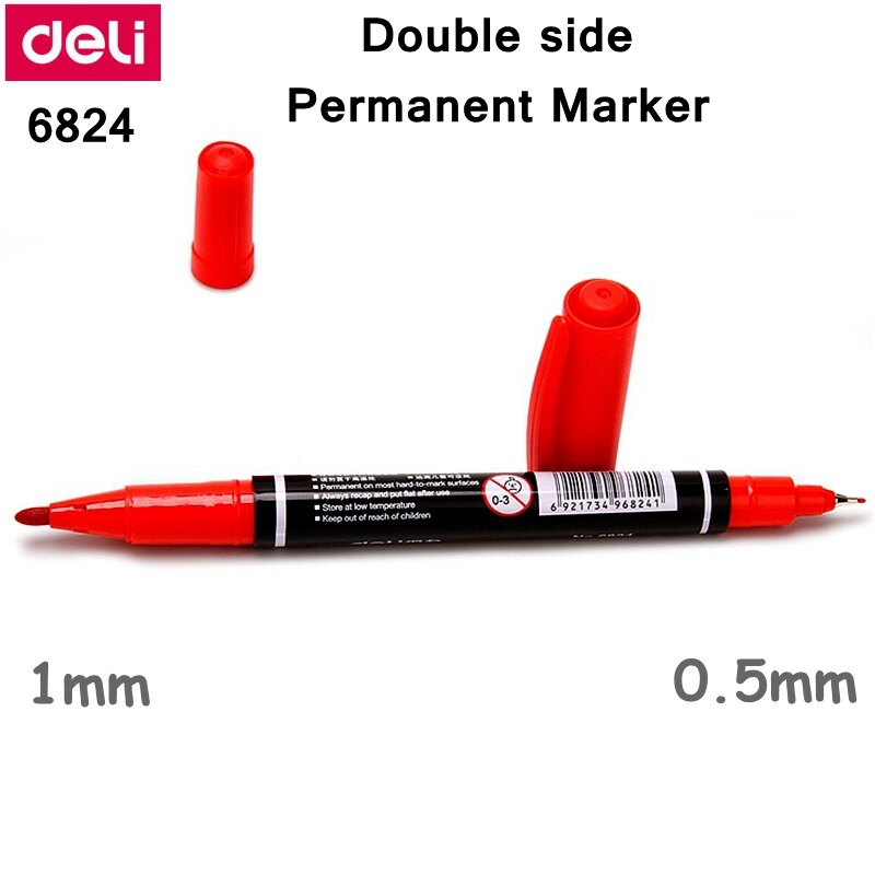 12PCS/BOX Deli 6824 Double Sided Permanent Markers Dual Tip Pen 0.5mm/1mm Black Blue Red Water Proof Fast Dry Permanent pen