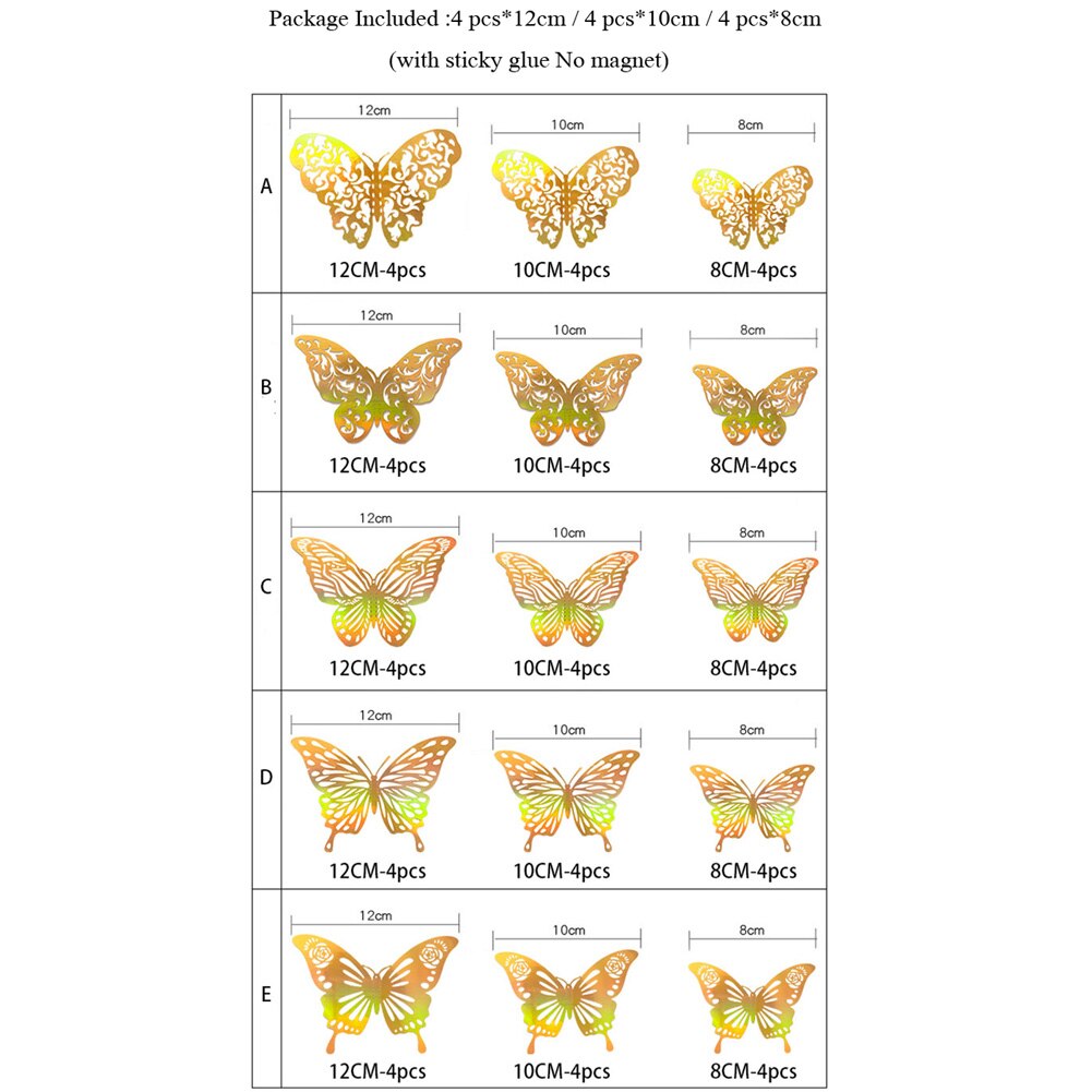 Autocollant mural papillon 3D ajouré coloré doré, 12 pièces, décorations de mariage, décoration de salon, sparadrap d&#39;art pour la maison
