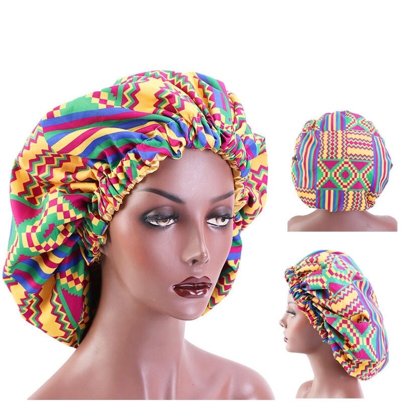 38cm store print satin hætte hårhætter søvn afrikansk mønster tryk stof ankara nat hat hår styling cover tilbehør