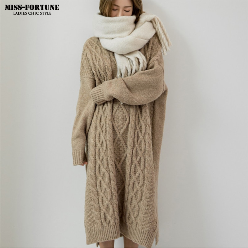 suéter de otoño cálido Vintage vestido de mujer suéter largo de invierno Vestidos de punto Maxi holgado Vestidos de gran tamaño vestido largo Vestidos