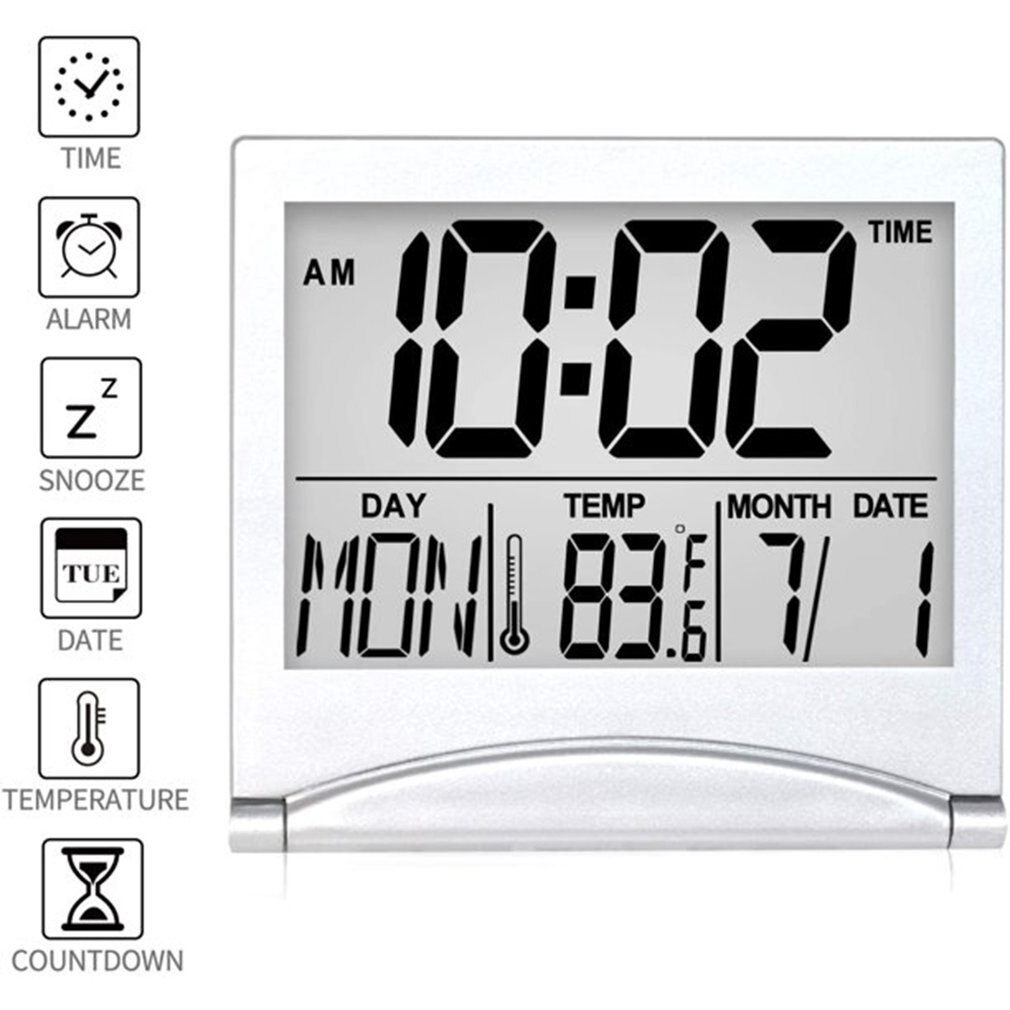 Digital Alarm Clock Foldable LCD Travel Clock With Calendar Temperature Snooze Large Display Desk Clock