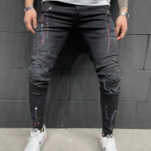 Pantalones largos de tubo rasgados para hombre, Jeans ajustados con agujeros de primavera, pantalones vaqueros ajustados para hombre, de Hip-hop, ropa