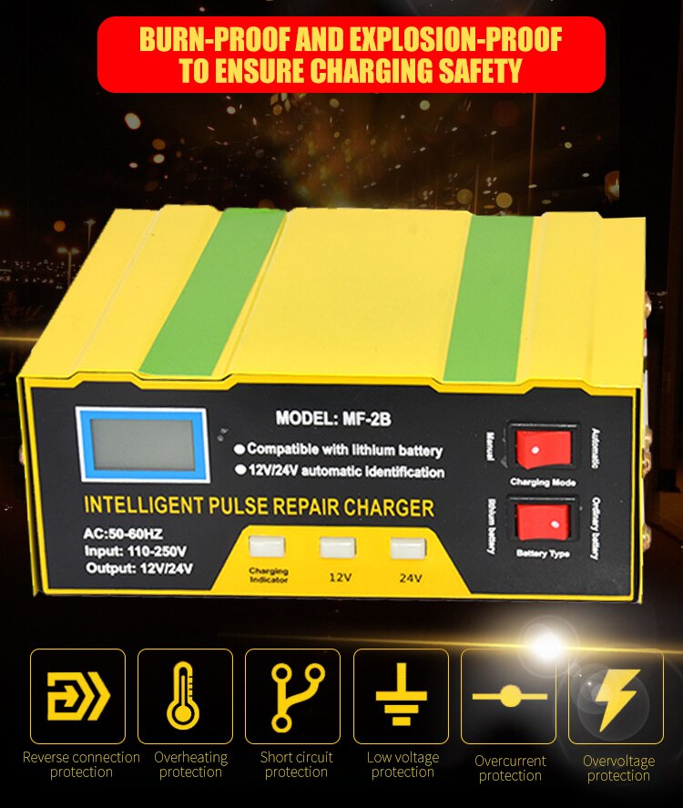Intelligent 12v 24v Identification automatique impulsion moto Automobile voiture Lithium plomb acide stockage batterie chargeur de réparation
