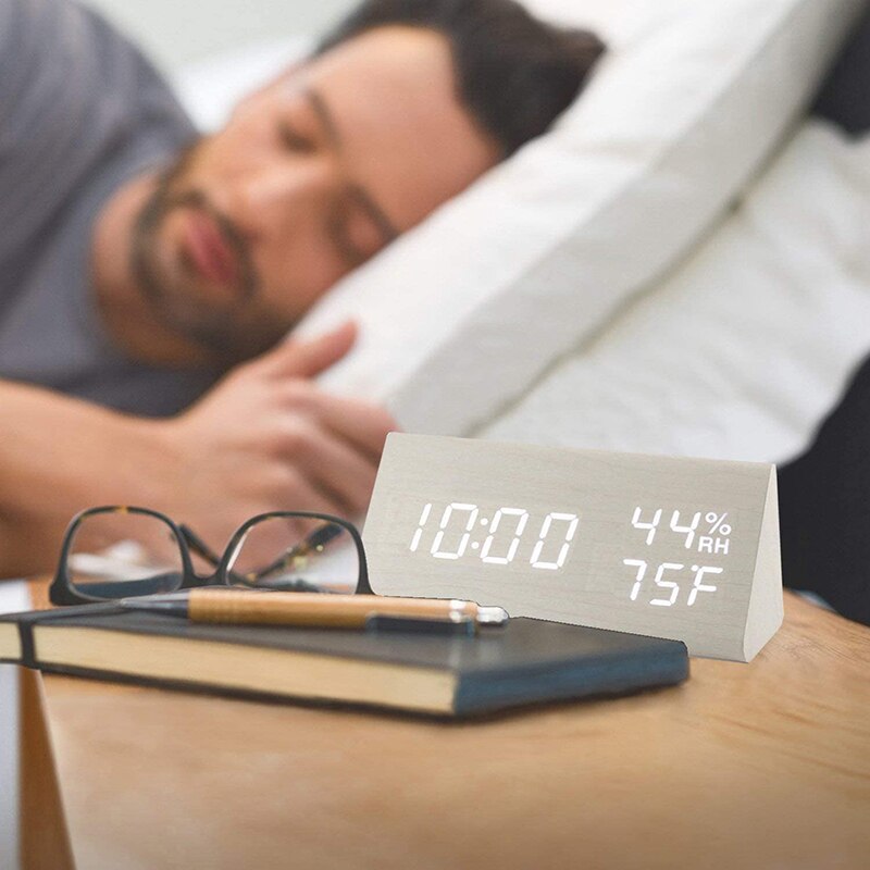 Digital Alarm Clock Wooden Electronic LED Time Display Humidity Temperature Detect Wood Made Electric Clocks for Bedroom Bedside