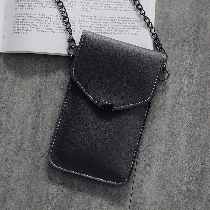 Bolso de teléfono móvil con orejas de gato para mujer, bolsa de mensajero con cadena, con solapa pequeña, estilo Retro, Simple, con pantalla táctil,: Gris oscuro