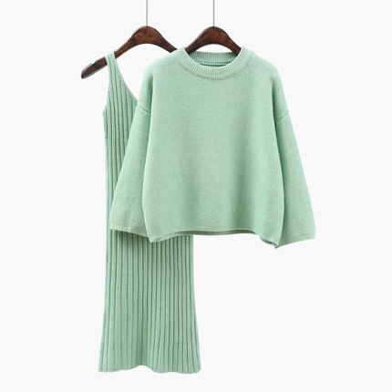 Losse Trui pak Vrouwen Mode tweedelige Jurk Effen kleur Trui Gebreide Jurk Ronde hals Mid lange Vrouwelijke Knit jurk DD856: Mint Green