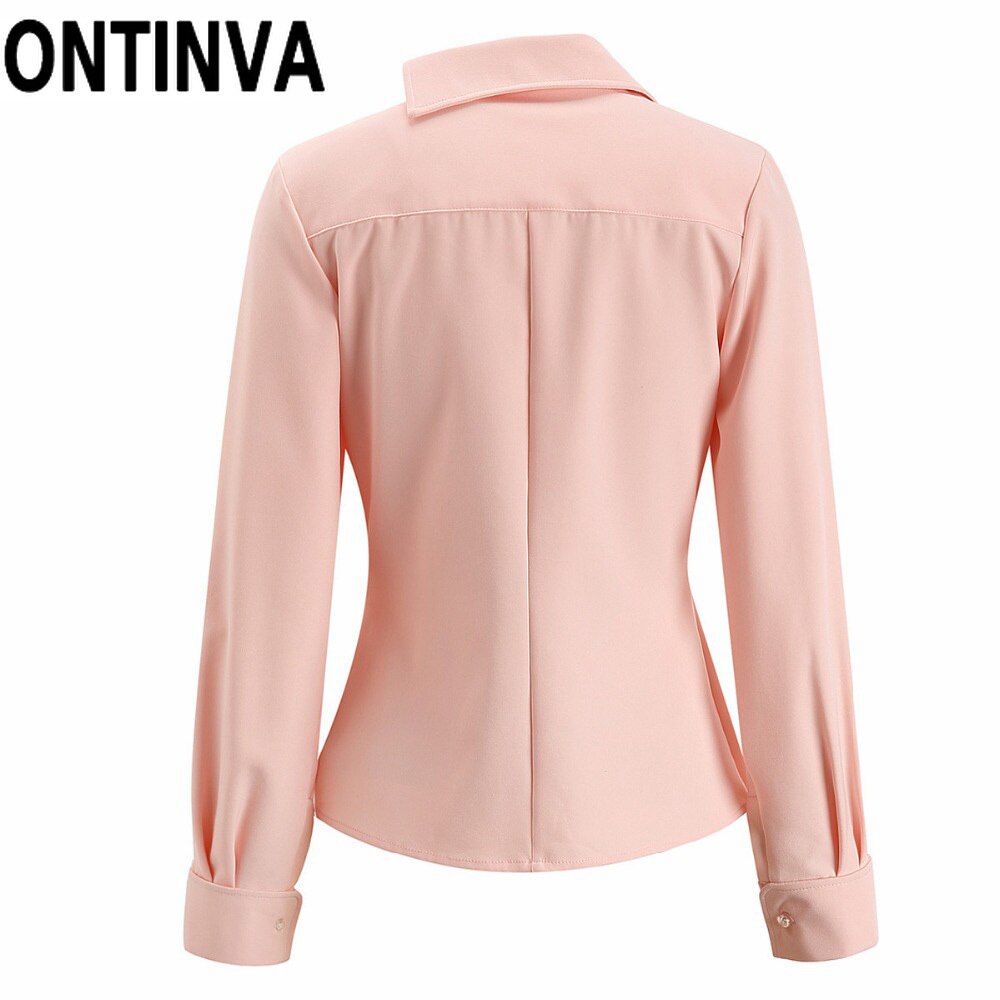 Liquidación señoras Color rosa Blusas con volantes camisa Irregular Ropa de Trabajo abotonada manga larga Mujer Blusas