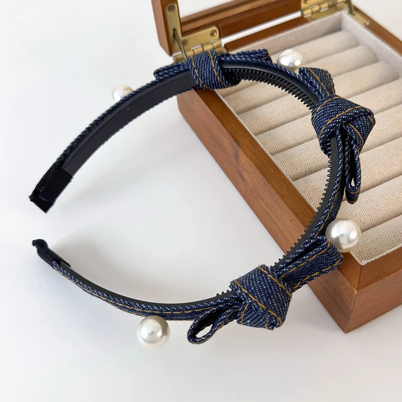 Diadema de perlas con lazo de Color azul vaquero Retro para niña, bandas para el cabello dulces para mujer, aro para el cabello con temperamento, accesorios para el cabello de femenina: Azul cielo