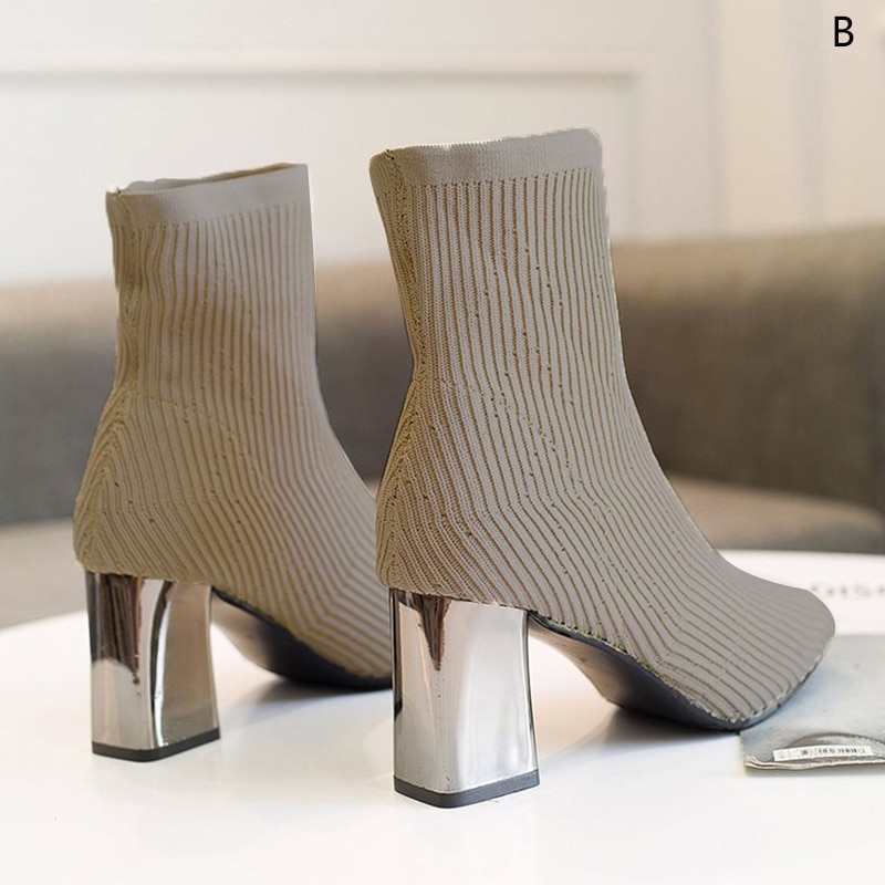 Femmes bottes tissu extensible Martin bottes bout carré talon épais bottines solide tricoté élastique tissu chaussettes bottes