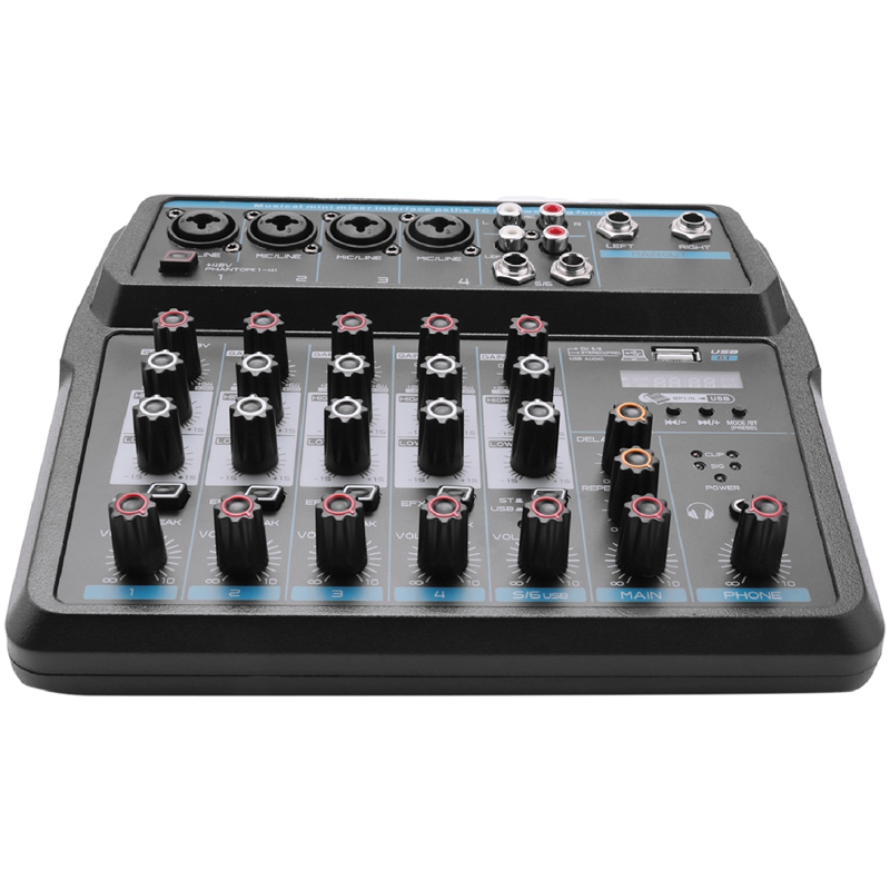 M-6 Portable Mini Mixer Audio DJ Console with Sound Card, USB, 48V Phantom Power for PC Recording Singing Webcast Party(US Plug)