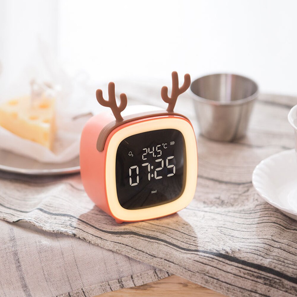 Digital Timing Cute Alarm Clock Smart Children TV Shape Table Snooze Function Mini Night Light Adjustable Brightness Week