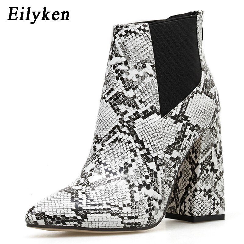 Eilyken Print Snake Pu Vrouwen Enkellaars Zip Puntschoen Schoeisel Dikke Hoge Hakken Vrouwelijke Boot Schoenen Vrouwen Slangenhuid bootie