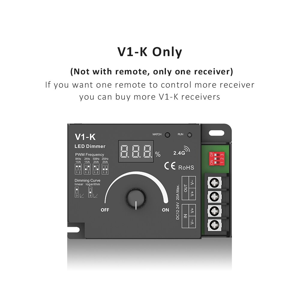 LED Strip Dimmer 12V 24V PWM Frequency Adjustable 1CH 20A Rotary Knob 2.4G RF LED Dimmer Touch Remote Control Dimer V1-K: V1-K Only