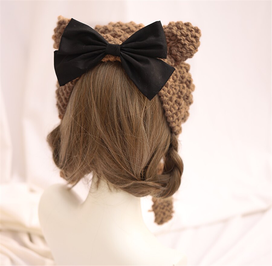 Handgemaakte Lolita Kawaii Meisje Kameel Beer Oor Met Strik Warme Wollen Muts Winter Ear Muff Gebreide Cap D559