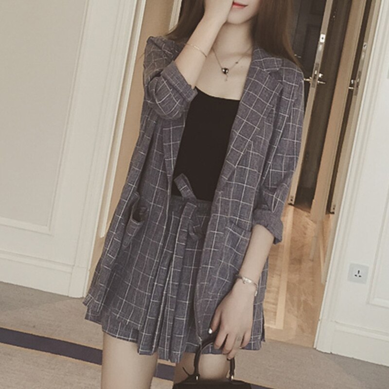 JSXDHK Plus Size Summer Autumn 2 PCS Pant Set Casual Women Gray Plaid Work Blazer Coat + Office OL Sashes Wide-Leg Shorts Suit: Dark grey / L