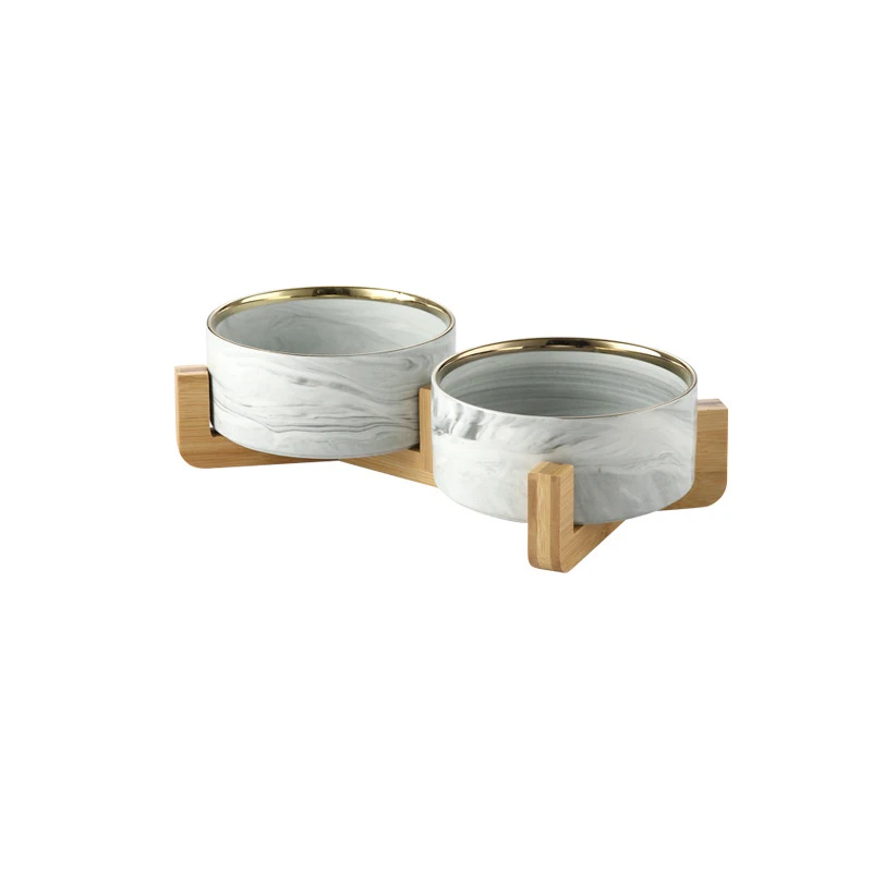 Tigela de cerâmica marmorizada para gatos, com suporte de madeira, tigelas duplas para alimentos, água, cachorros pequenos, suprimentos de alimentação elevados: L / Ouro
