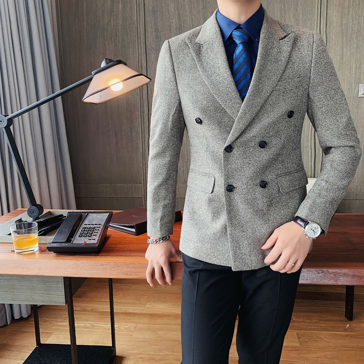 Grey Black Tweed Blazer Men Double Breasted Slim Fit Casual Blazer Hombre Retro Solid Suit Jacket Men Social Business Outfit Men: Gray Coffee / Korean XXL