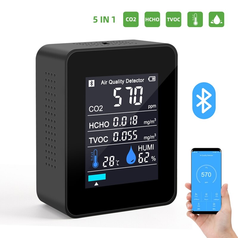 5 In 1 CO2 Meter Temperature Humidity Sensor Air Monitor Carbon Dioxide TVOC Formaldehyde HCHO Detector