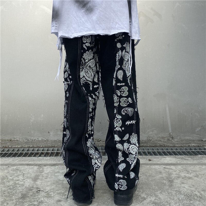 Mænd vintage mønster print straight jeans bukser mandlige ragged streetwear hip hop denim bukser