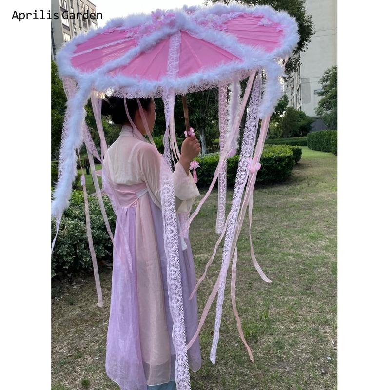 82cm hanfu cospaly blau geöltes Papier Regenschirm Frauen Fotografie Requisit Band antike Quasten Regenschirm Fan Paraguas Sonnenschirm