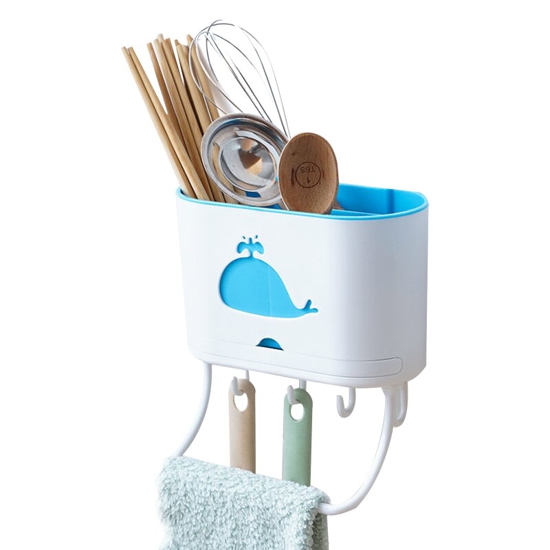 Multi-use Kitchen Organizer Wall Mounted Utensil Rack Flatware Drying Rack Sink Caddy with Hooks &amp; Towel Rack Punch-free: White and green