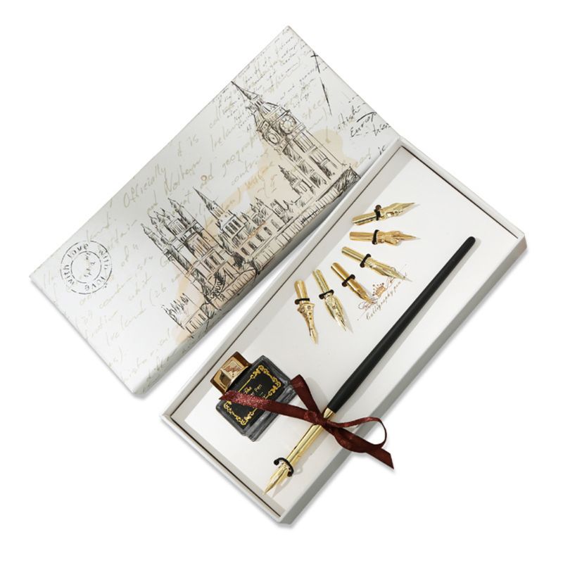 Vintage English Calligraphy Dip Pen Fountain with Ink Nibs Set Office Stationery