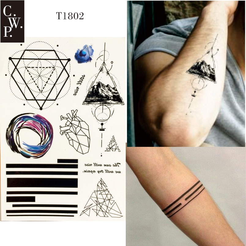 T1802 1 Stuk Geometrische Lijn Tijdelijke Tattoo met Driehoek Mountain, Lijn, Hart, en Rondheid Patroon body paint Tatoeages