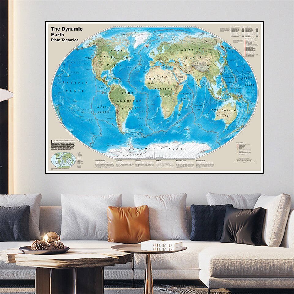 150*100cm The Dynamic Plate Tectonics Map of The World Retro Wall Art Poster Vinyl Canvas Painting Home Decor School Supplies