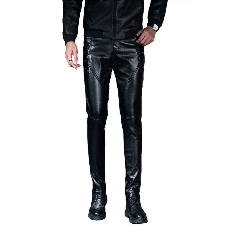 Pantalones de cuero de los hombres Slim Fit estilo coreano Otoño Invierno PU pantalones de cuero pantalones de la motocicleta a prueba de viento y ropa de calle cálida