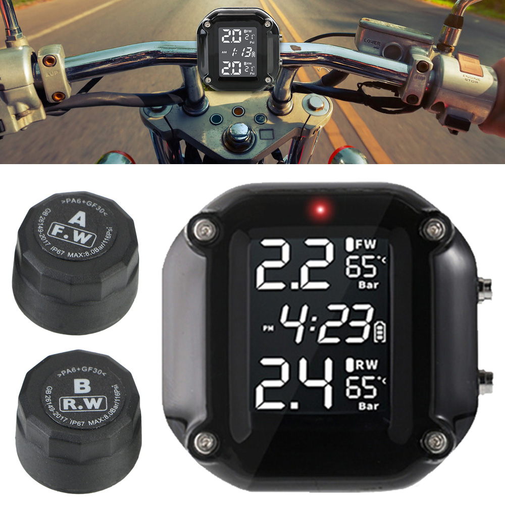 Motorcycle TPMS - LCD Display - 2 External Sensors - Waterproof - Battery Operated