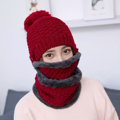 Gorro de lana de Pelo Liso para mujer, gorro de Cachemira de punto grueso y cálido, conjuntos de bufandas para exteriores, de invierno,: Red wine